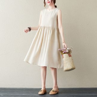 Beige Sleeveless Linen Kaftan Dress