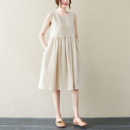 Beige Sleeveless Linen Kaftan Dress - Image 4