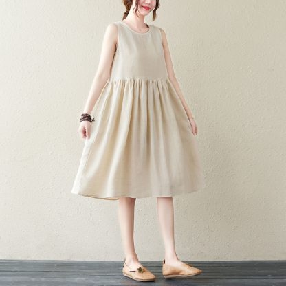 Beige Sleeveless Linen Kaftan Dress - Image 3