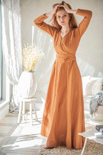 Belted long-sleeved linen dress - Image 5