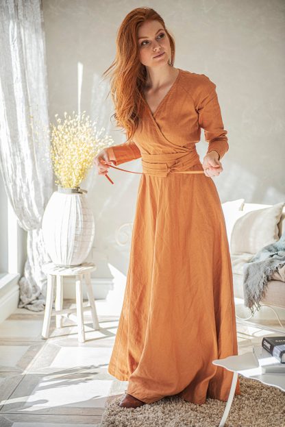 Belted long-sleeved linen dress - Image 3