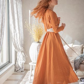Belted long-sleeved linen dress