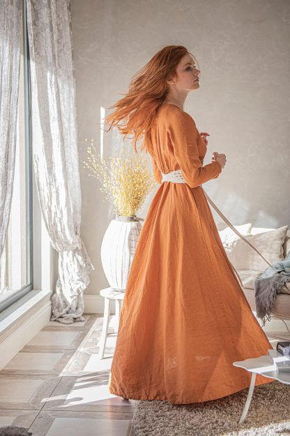 Belted long-sleeved linen dress