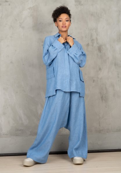 Blue Linen Shirt Women's Long Sleeve Linen Shirt