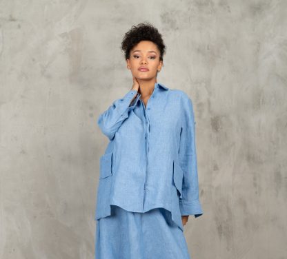 Blue Linen Shirt Women's Long Sleeve Linen Shirt - Image 3