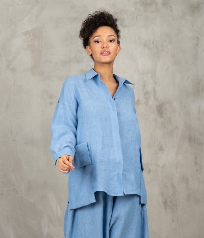 Blue Linen Shirt Women's Long Sleeve Linen Shirt - Image 5