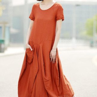 Comfy Orange Linen Maxi Dress