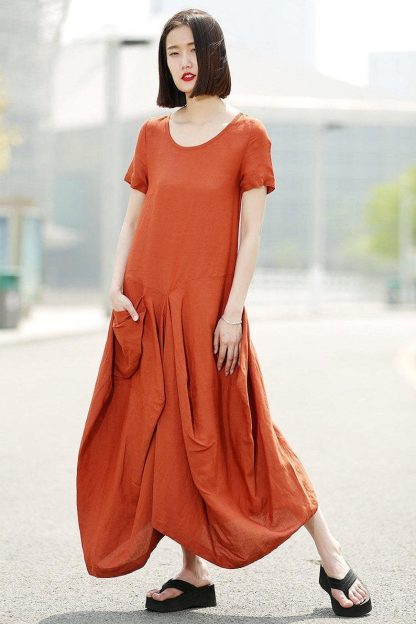 Comfy Orange Linen Maxi Dress