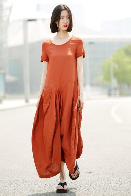 Comfy Orange Linen Maxi Dress - Image 3
