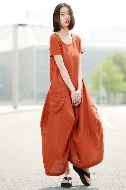 Comfy Orange Linen Maxi Dress - Image 2