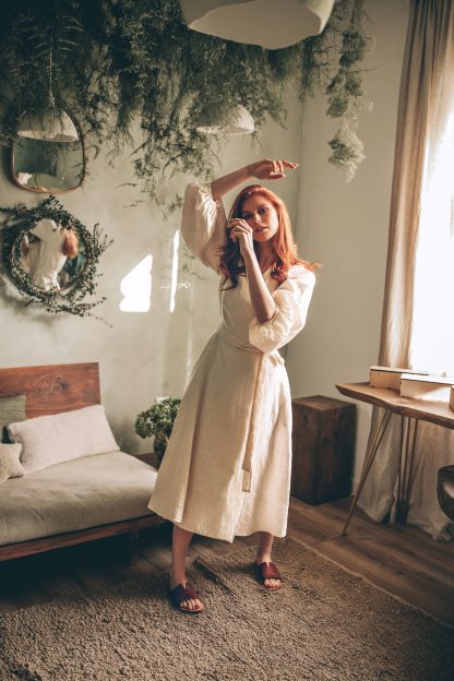 Country Style Linen Puff Sleeve Dress - Image 4