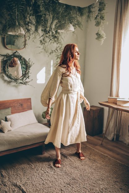Country Style Linen Puff Sleeve Dress - Image 3