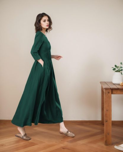 Dark Green Linen Long Skirt for Women - Image 5