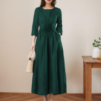 Dark Green Linen Long Skirt for Women