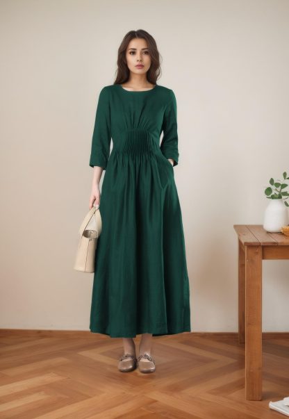 Dark Green Linen Long Skirt for Women