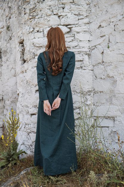 Dark green long-sleeved linen dress - Image 4