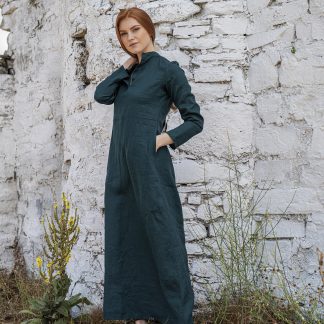 Dark green long-sleeved linen dress