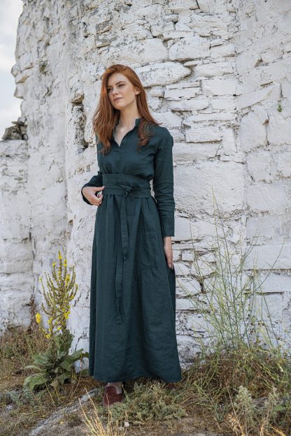 Dark green long-sleeved linen dress - Image 2