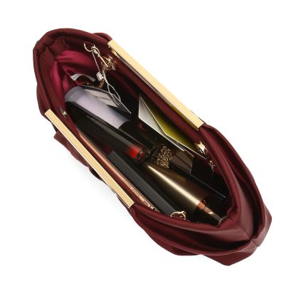 Elegant Pleated Satin Formal Burgundy Tote Bag - Image 2
