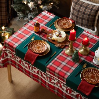 Embroidered reindeer red plaid Christmas tablecloth