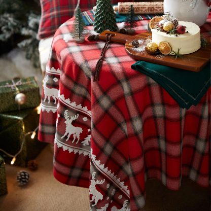 Embroidered reindeer red plaid Christmas tablecloth - Image 4