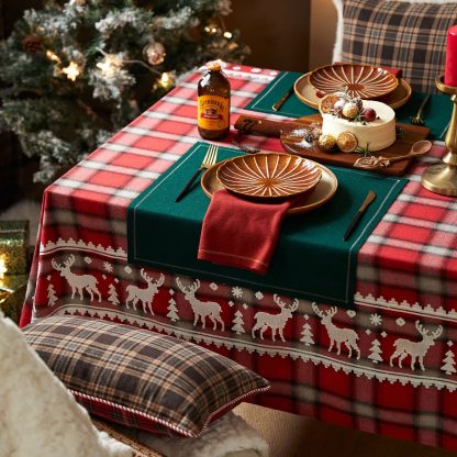 Embroidered reindeer red plaid Christmas tablecloth - Image 2
