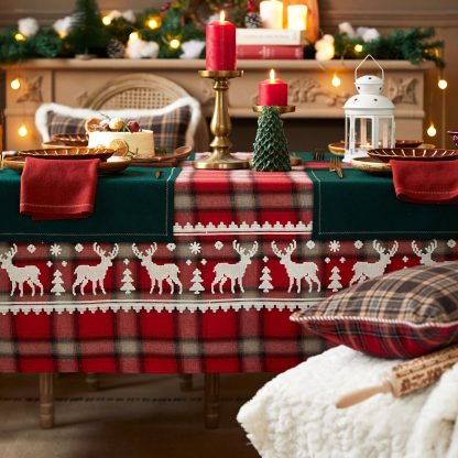 Embroidered reindeer red plaid Christmas tablecloth - Image 3