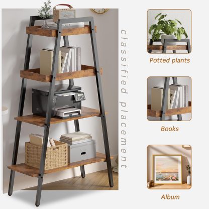 Industrial wooden ladder bookcase metal frame - Image 2