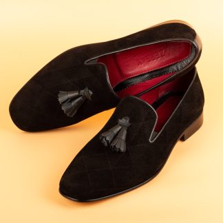 Men's Black Graphic Suede Tassel Loafers