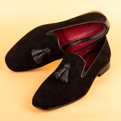 Men's Black Graphic Suede Tassel Loafers