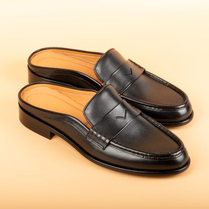 Men's Black Mules Calfskin Handmade Half Shoes