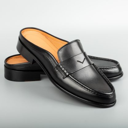 Men's Black Mules Calfskin Handmade Half Shoes - Image 4