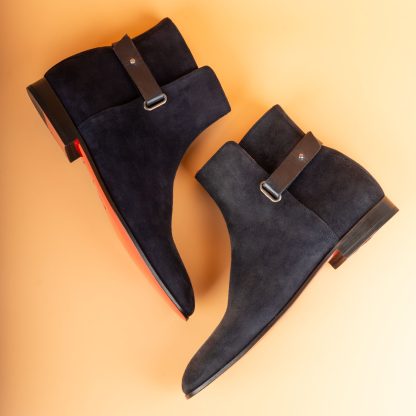Men's Navy Suede Leather Handmade Solid Boots - Image 4
