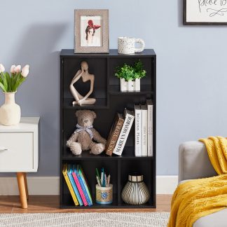 Modern bookcase with hardcover books