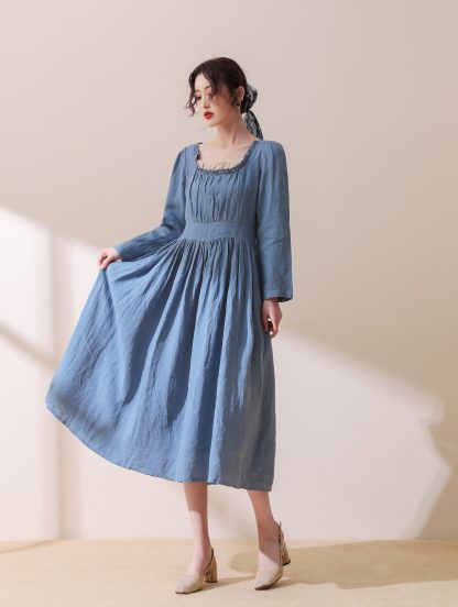 Modest Blue Linen Midi Dress - Image 7
