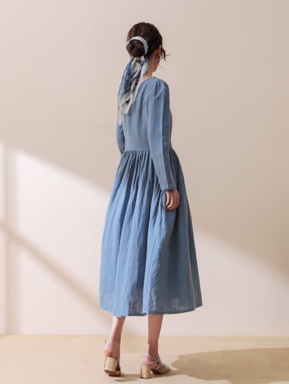 Modest Blue Linen Midi Dress - Image 6