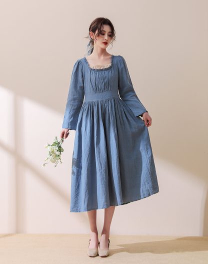 Modest Blue Linen Midi Dress
