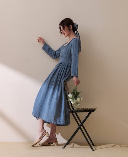 Modest Blue Linen Midi Dress - Image 4