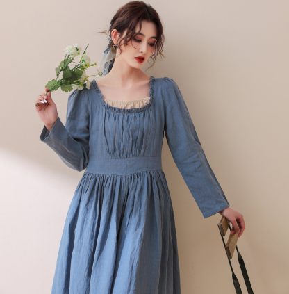 Modest Blue Linen Midi Dress - Image 3