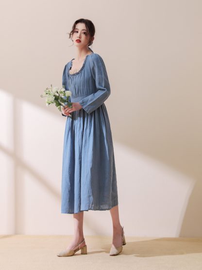 Modest Blue Linen Midi Dress - Image 2