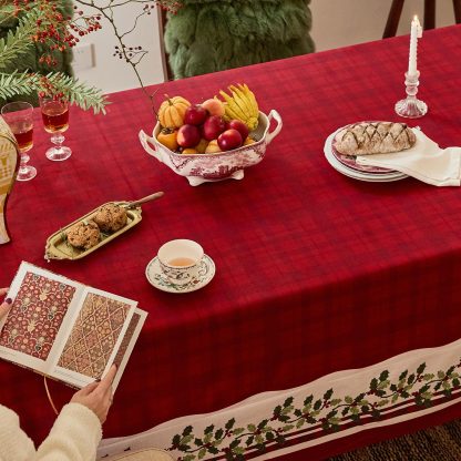 Red Christmas tablecloth with berry pattern for party - Image 4