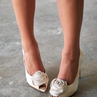 Rose detail open toe pumps