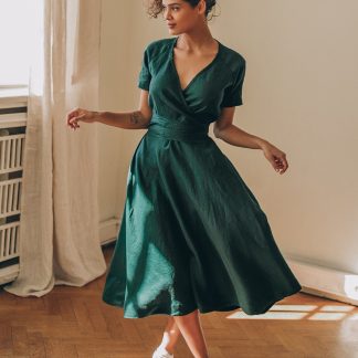 Simple dark green linen dress
