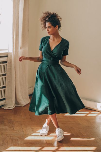 Simple dark green linen dress
