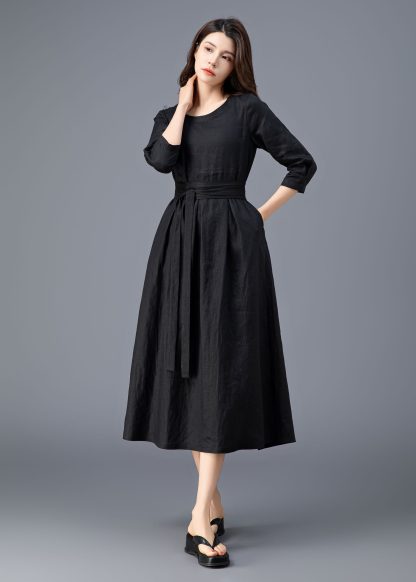 Spring Summer Black Linen Dress - Image 4