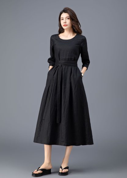 Spring Summer Black Linen Dress - Image 2