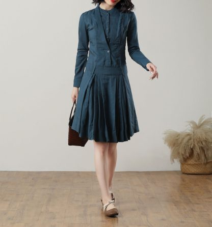 Summer Blue Knee-Length Linen Dress - Image 3
