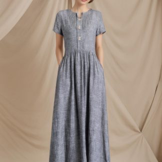 Summer Grey Button Linen Dress