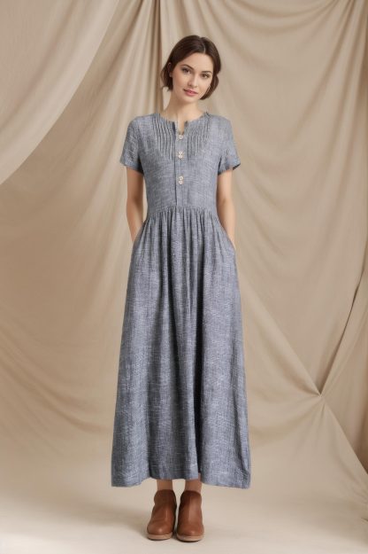 Summer Grey Button Linen Dress