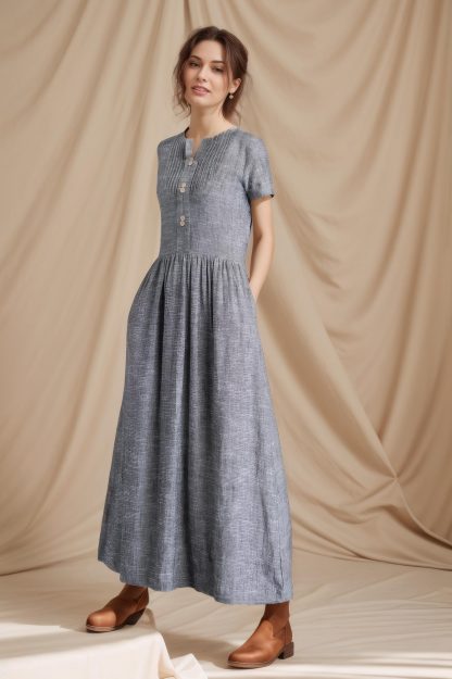 Summer Grey Button Linen Dress - Image 3